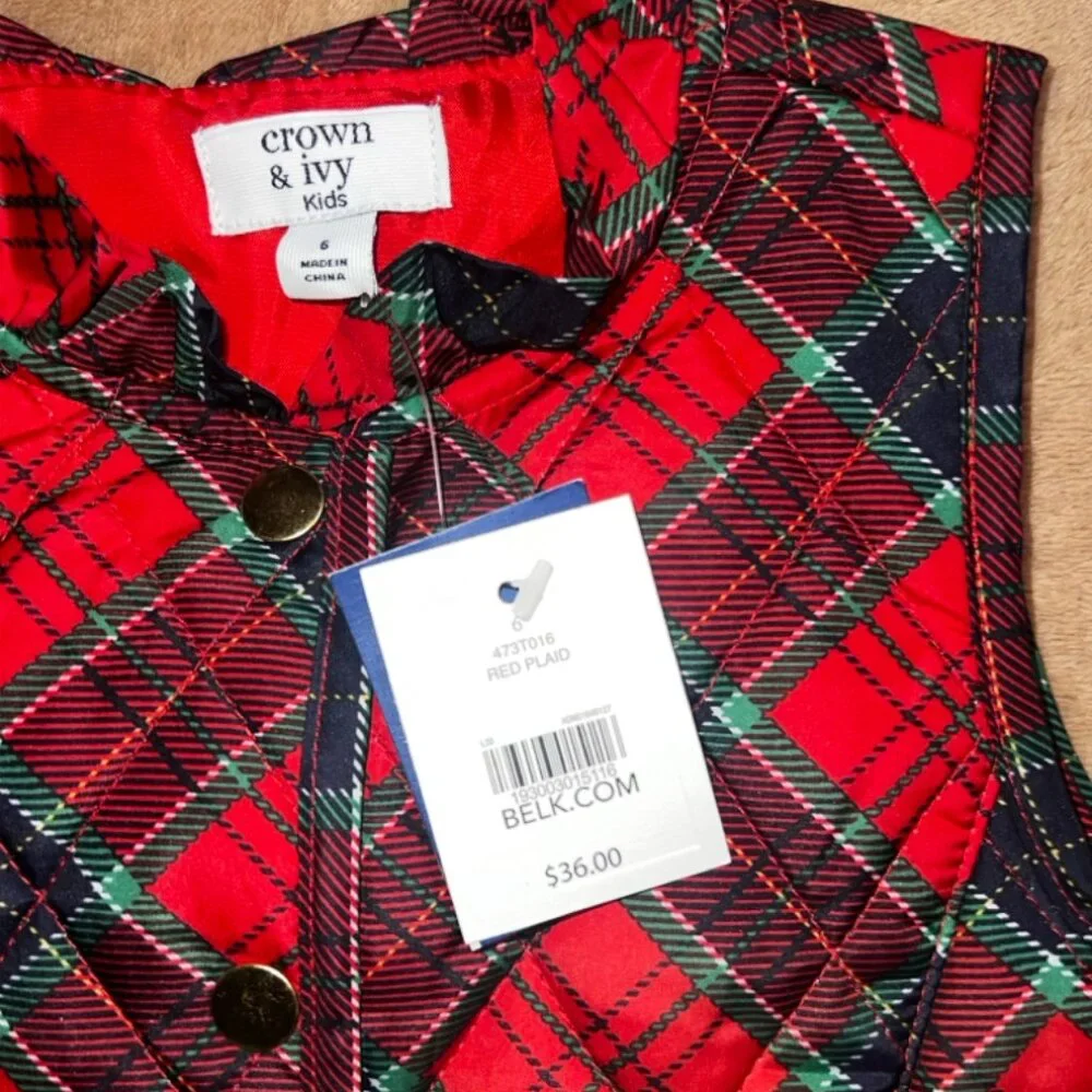 Crown & Ivy Girls 6 Puffer Red Green Plaid‎ Snap Closure Holiday Christmas Vest